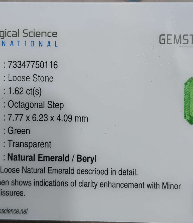 Zambian Emerald 1.62ct Certified Natural Octagon Cut Loose Gemstone
