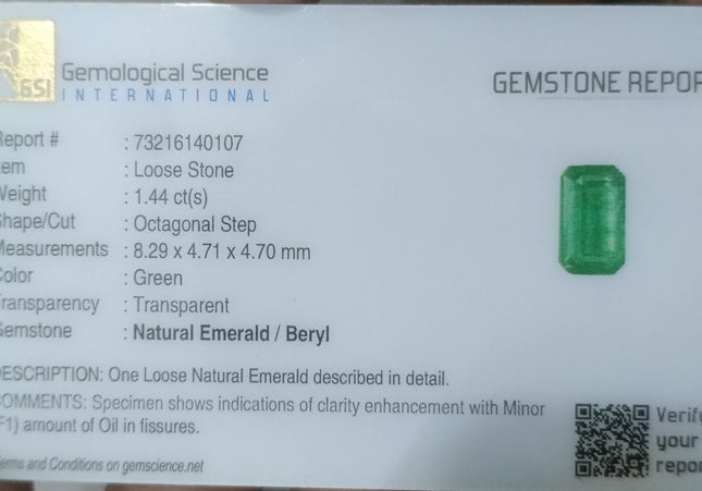 GSI Certified 1.44ct Medium Deep Green Natural Panjshir Emerald Minor Oiled Loose Gemstone