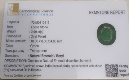 GSI Certified 2.99ct Zambian Emerald, 100% Natural Gemstone