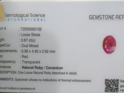 GSI Certified 0.87ct Mozambique Ruby, Natural Untreated Gemstone
