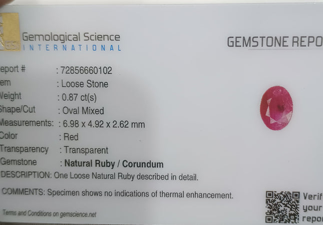 GSI Certified 0.87ct Mozambique Ruby, Natural Untreated Gemstone