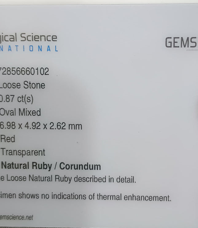 GSI Certified 0.87ct Mozambique Ruby, Natural Untreated Gemstone