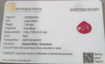 1.99ct African Ruby Certified By GSI, Natural Untreated Gemstone