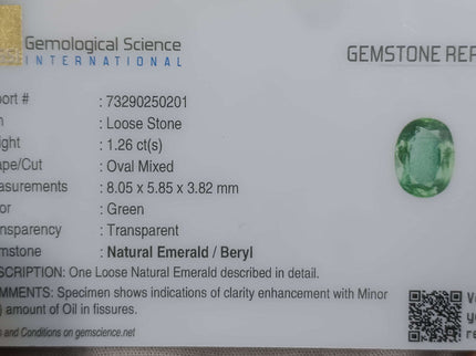 1.26ct Certified Natural Zambian Emerald Eye Clean Oval Cut Loose Gemstone