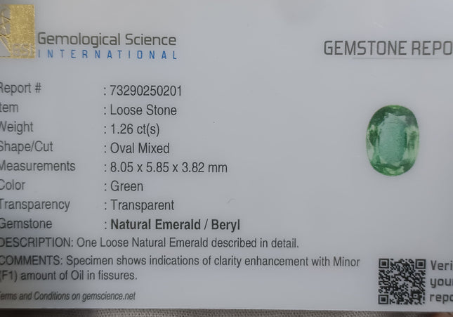 GSI USA Certified 1.26ct Medium Light Green Natural Zambian Emerald Minor Oiled Loose Gemstone
