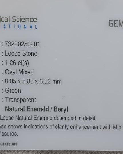 GSI USA Certified 1.26ct Medium Light Green Natural Zambian Emerald Minor Oiled Loose Gemstone