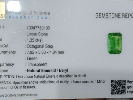 1.35ct Panjshir Emerald, Certified Natural minor oiled Stone