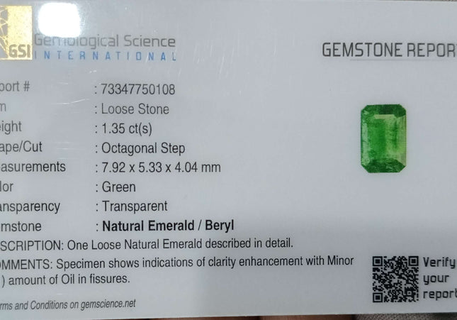 GSI Certified 1.35ct Deep Green Panjshir Emerald Minor Oiled Loose Gemstone