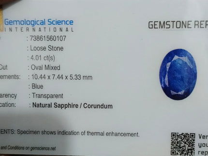 Royal Blue Sapphire 4.01ct Certified Natural Oval Cut Loose Gemstone