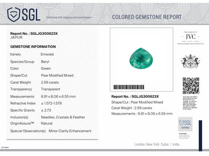 2.59ct Colombian Emerald Natural SGL Certified Medium Green Pear Cut Loose Gemstone