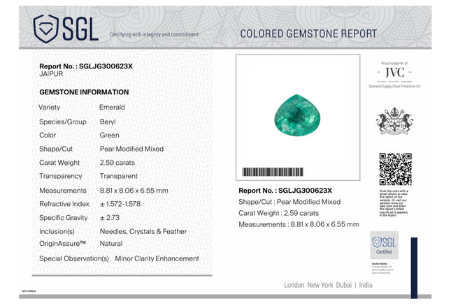 2.59ct Colombian Emerald Natural SGL Certified Medium Green Pear Cut Loose Gemstone