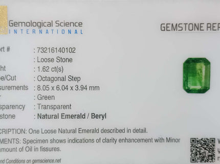 Certified 1.62ct Natural Zambian Emerald