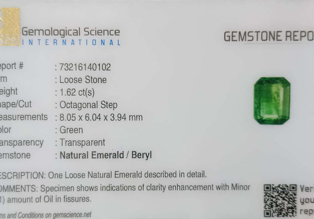 GSI Certified 1.62ct Medium Green Zambian Emerald Minor Oiled Loose Gemstone