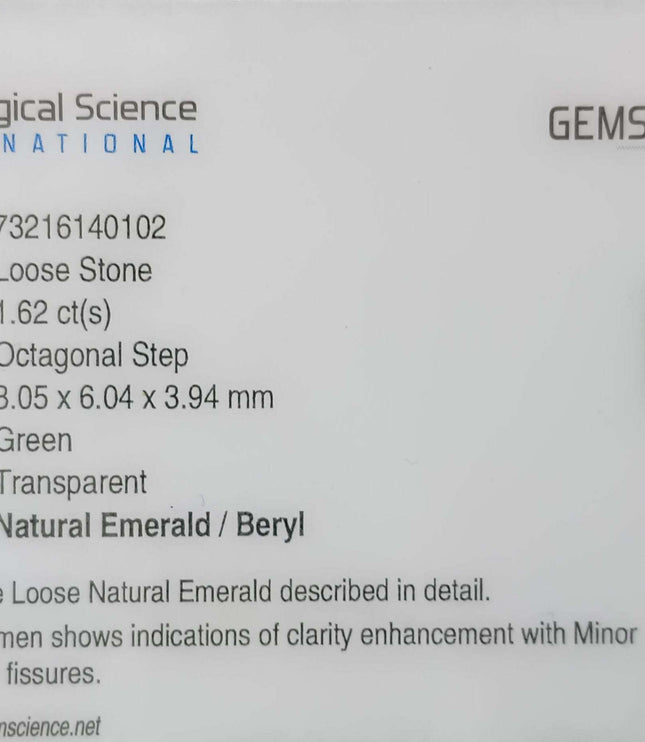 Certified 1.62ct Natural Zambian Emerald