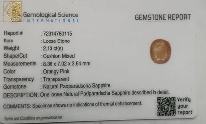 GSI Certified 2.13ct Ceylon Padparadscha Sapphire , 100% Natural Earth Mined Gemstone