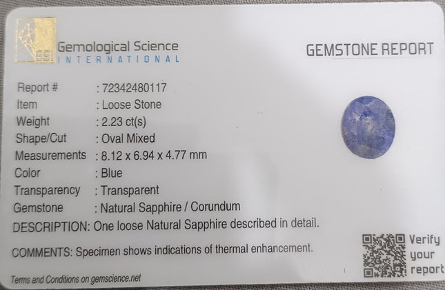 2.23ct Blue Sapphire, Certified Natural Loose Gemstone