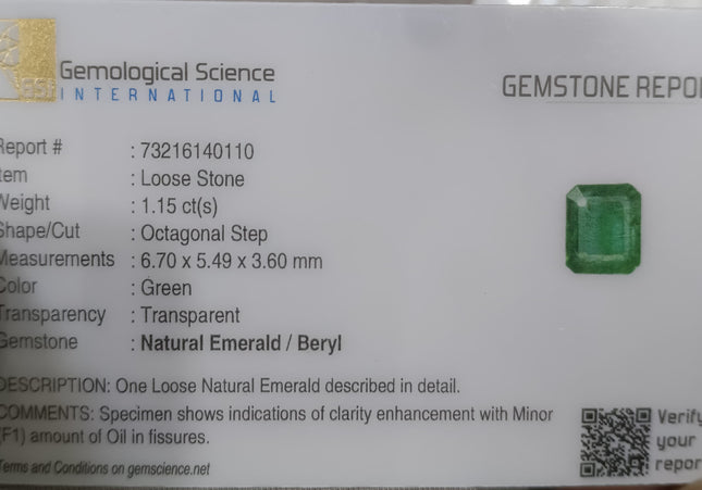 1.15ct Medium Light Green Zambian Emerald Minor Oiled Loose Gemstone