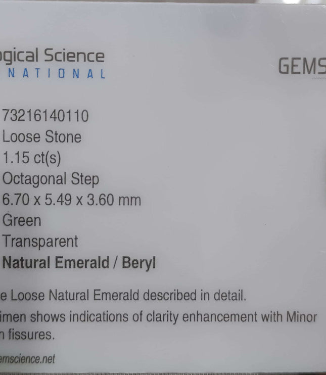 Certified 1.15ct Natural Zambian Emerald Stone.