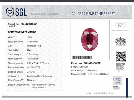 2.53ct Natural Unheated Ruby SGL Certified Mozambique