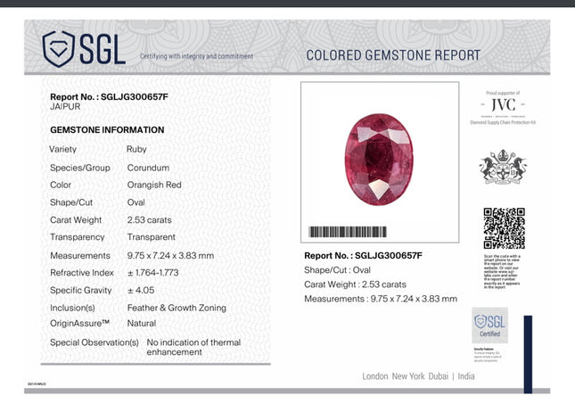 2.53ct Natural Unheated Ruby SGL Certified Mozambique