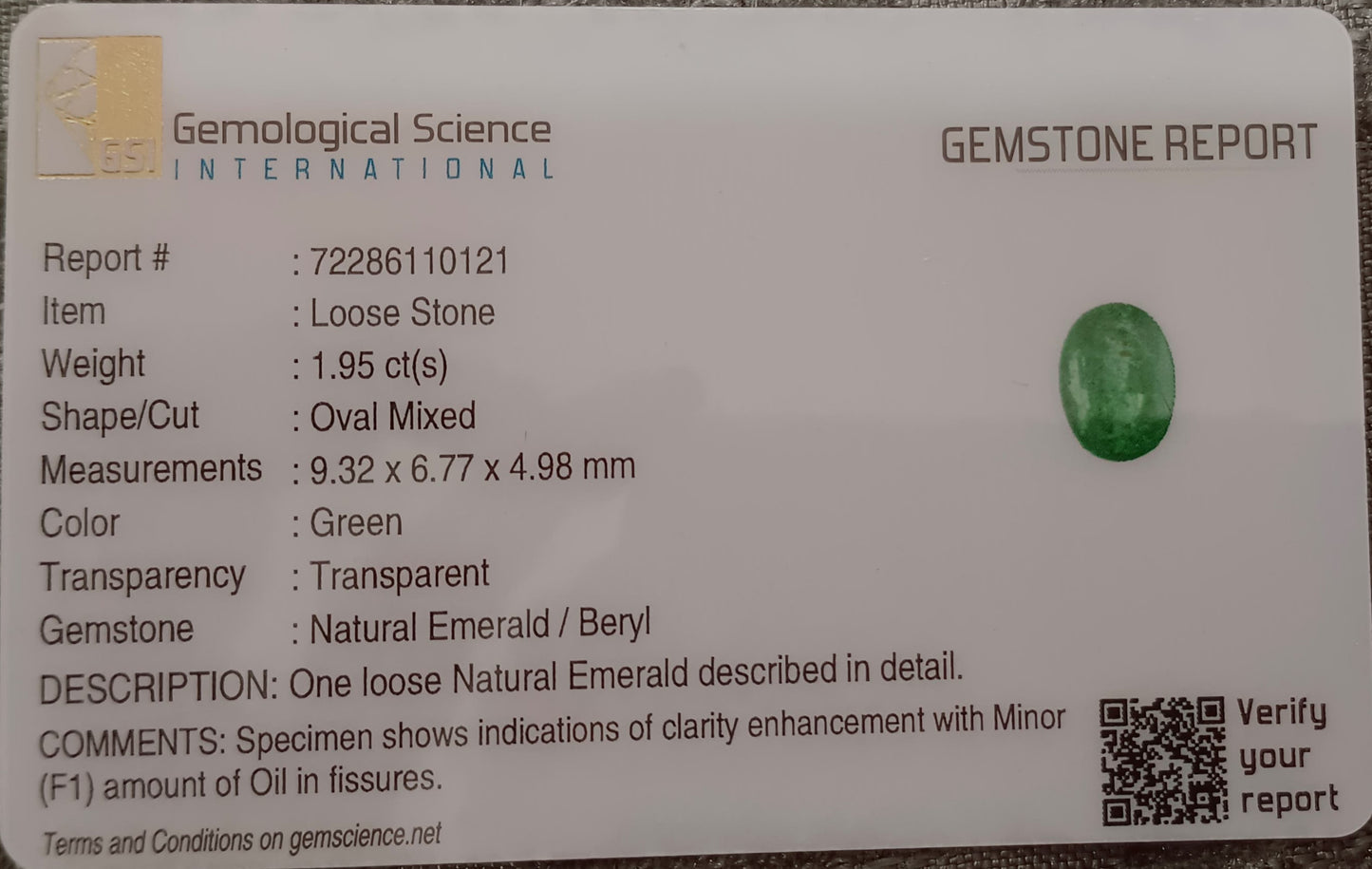 GSI Certified 1.95ct Medium Intense Green Emerald, 100% Natural Gemstone