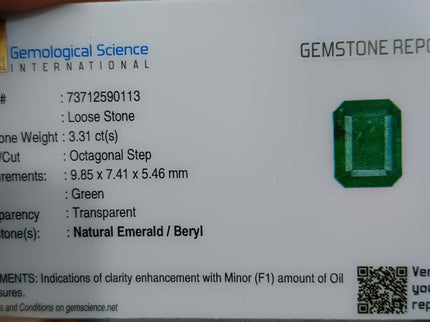 Deep Green 3.31ct Zambian Emerald, Certified Natural Octagon Cut Loose Gemstone