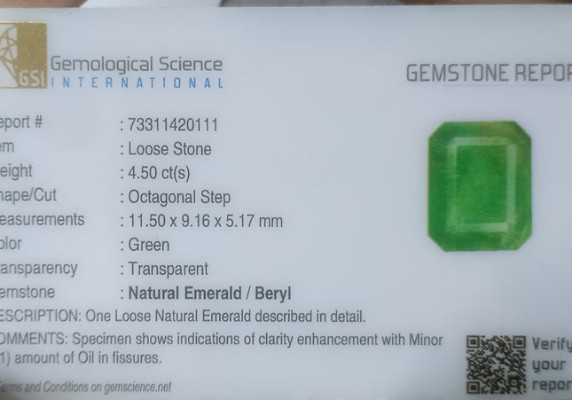 4.50ct GSI USA Certified Medium Green Swat Emerald Minor Oiled Loose Gemstone