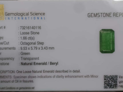Swat Emerald 1.66 Certified Natural Medium Deep Green Gemstone