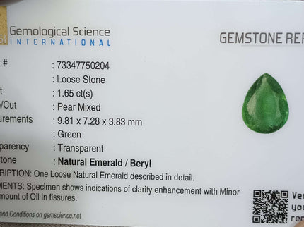 GSI Certified 1.65ct Zambian Natural Emerald