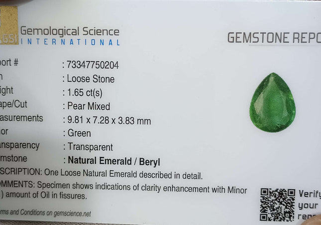 GSI Certified 1.65ct Medium Green Zambian Emerald Minor Oiled Loose Gemstone