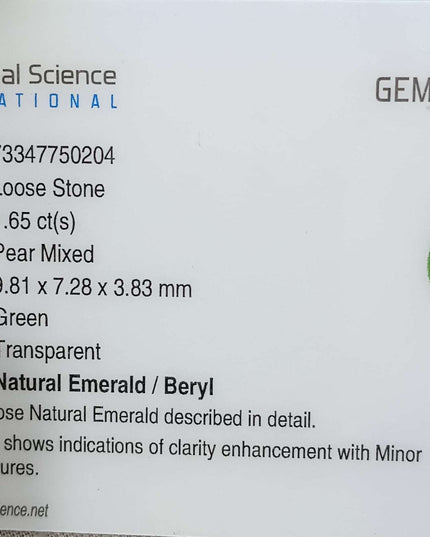 GSI Certified 1.65ct Medium Green Zambian Emerald Minor Oiled Loose Gemstone
