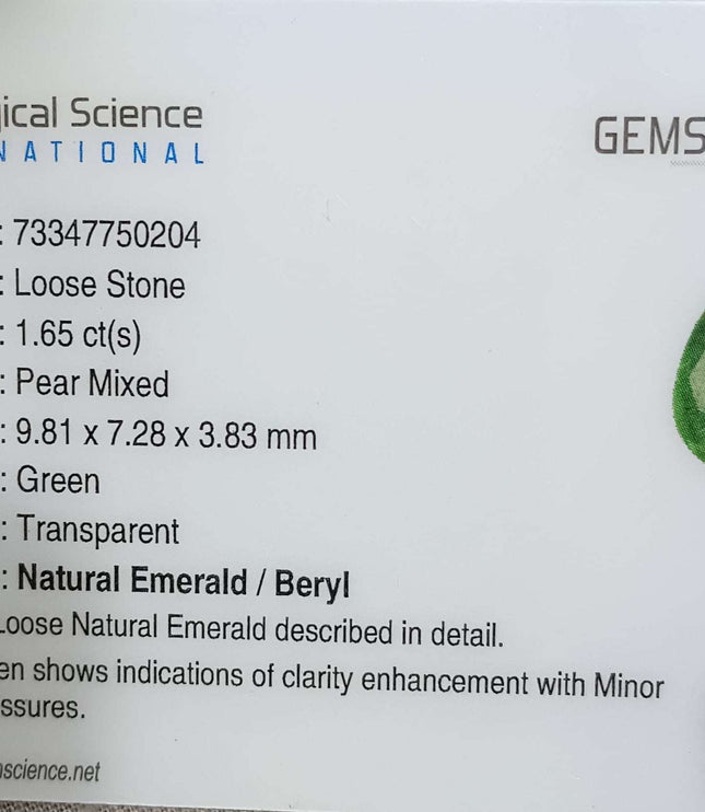 GSI Certified 1.65ct Zambian Natural Emerald