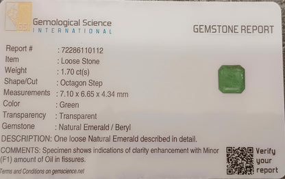 GSI Certified 1.70ct Medium İntense Green Swat Emerald , 100% Natural Earth Mined Gemstone