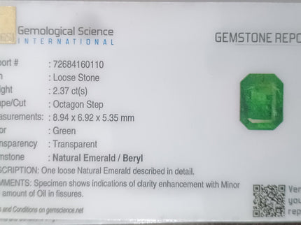 2.37ct Natural Emerald Zambia Deep Pure Green Octagon Vut Gemstone