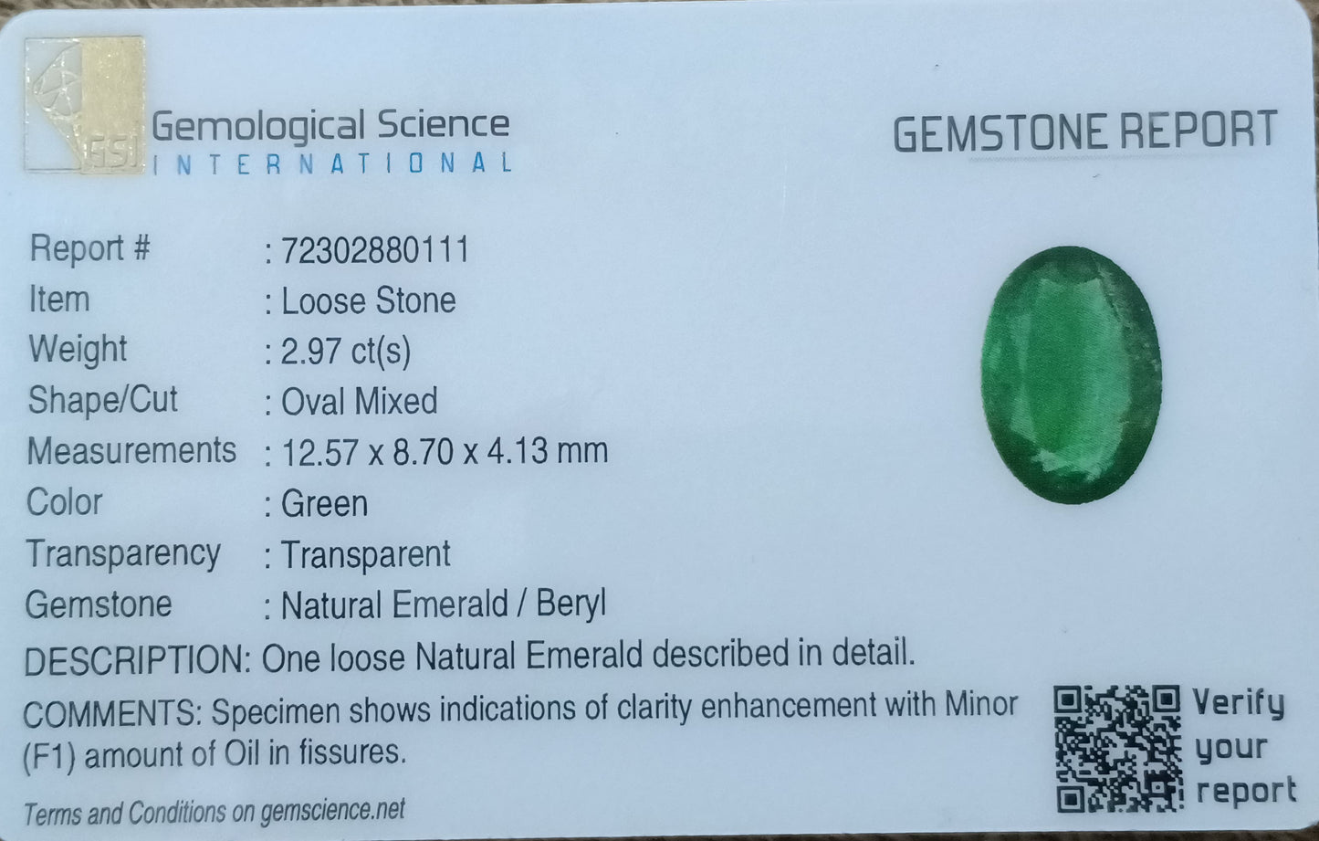 GSI Certified 2.97ct Vivid Green Swat Emerald, 100% Natural Gemstone