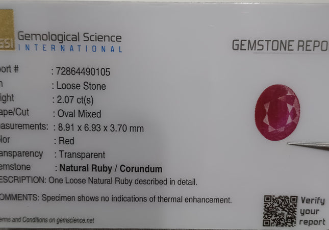 GSI Certified 2.07ct Mozambique Ruby, Natural Untreated Gemstone