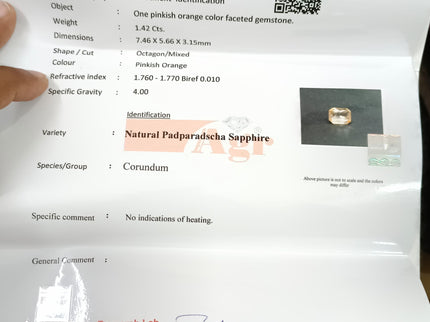 Padparadscha Sapphire 1.42ct Certified Pinkish Orange Unheated Octagon Cut Natural Loose Gemstone