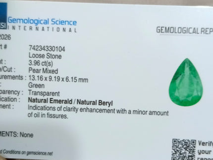 3.96ct Colombian Color Emerald Natural GSI Certified Medium Green Pear Cut Gemstone