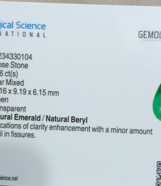 3.96ct Colombian Color Emerald Natural GSI Certified Medium Green Pear Cut Gemstone