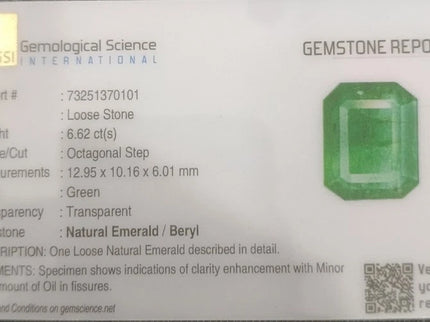 Natural Emerald 6.62ct Natural Certified Medium Grass Green Octagon Cut Loose Gemstone