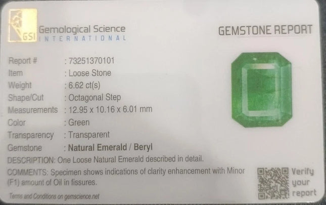 Natural Emerald 6.62ct Natural Certified Medium Grass Green Octagon Cut Loose Gemstone