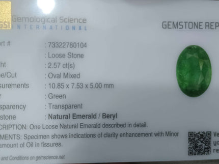 2.57ct Certified Natural Zambian Emerald