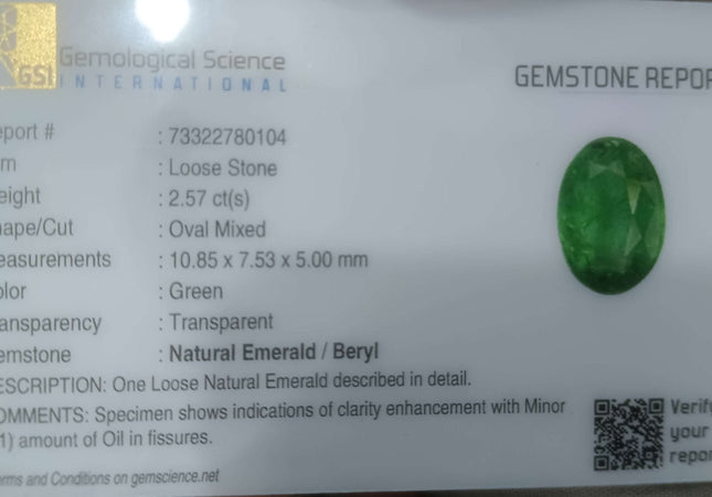2.57ct GSI Certified Neon Green Zambian Emerald Minor Oiled Loose Gemstone
