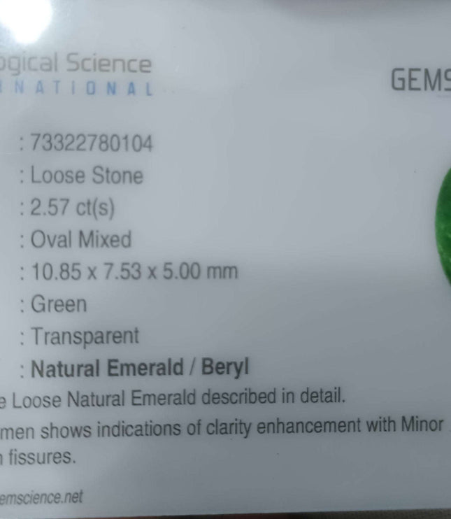 2.57ct Certified Natural Zambian Emerald