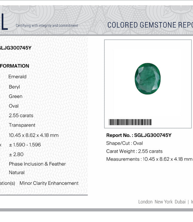 2.55ct Alpine Green Natural Emerald Octagon Cut SGL Certified