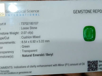 Panjshir Emerald 2.07ct Vivid Medium Deep Green Certified Natural Cushion Cut Loose Gemstone