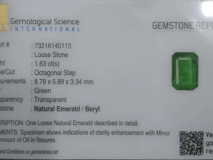 Certified 1.63ct Zambian Natural Emerald.