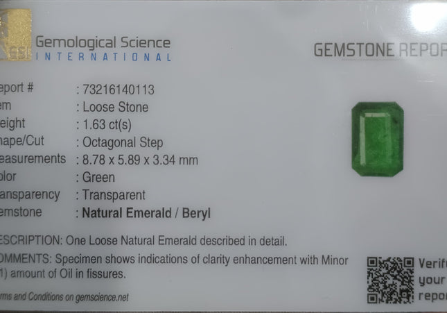 GSI Certified 1.63ct Medium Deep Green Natural Emerald Minor Oiled Loose Gemstone