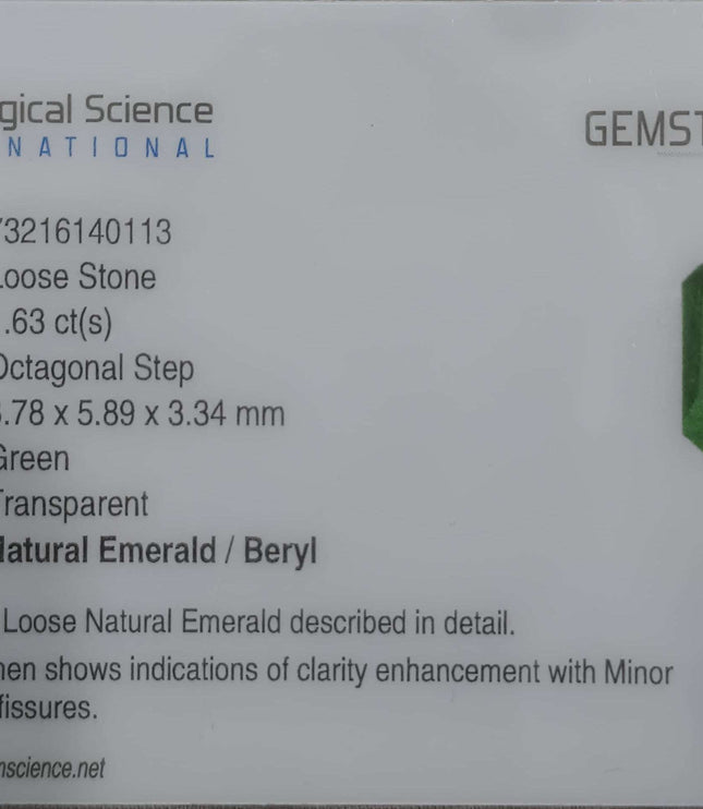 Certified 1.63ct Zambian Natural Emerald.