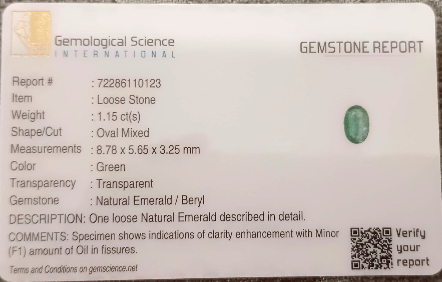 GSI Certified 1.16ct Vivid Green Zambian Emerald , 100% Natural Earth Mined Gemstone